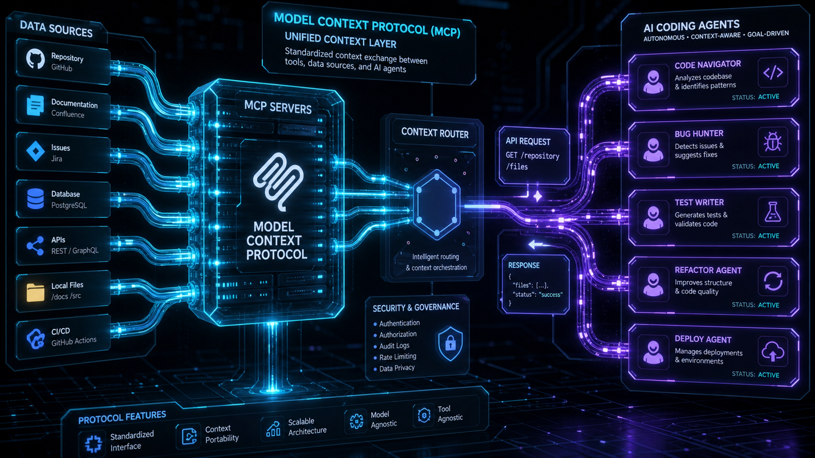 Abstract 3D Model Context Protocol mesh connecting LLM cores to enterprise API gateways and Kubernetes clusters