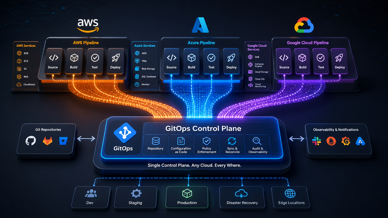 Abstract cloud infrastructure graphic of AWS, Azure, and GCP pipeline stages converging into a single GitOps control plane