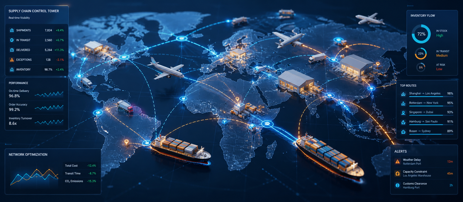 Abstract logistics network visualization with real-time inventory flow nodes