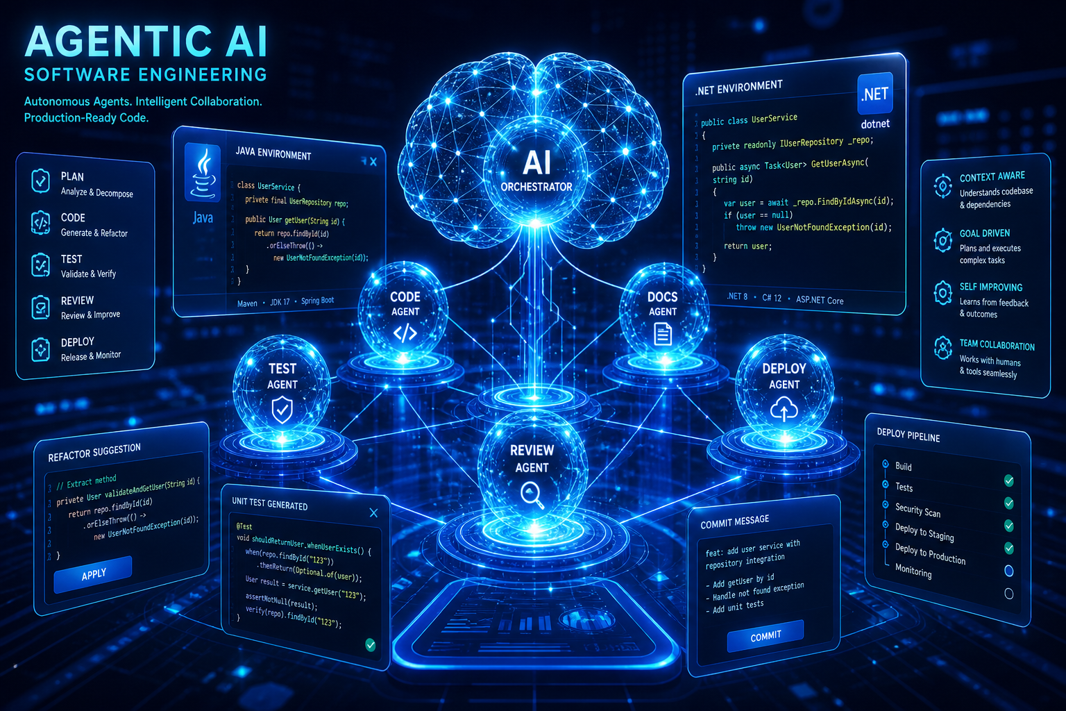 Abstract 3D visualization of autonomous AI agents orchestrating Java and .NET microservices