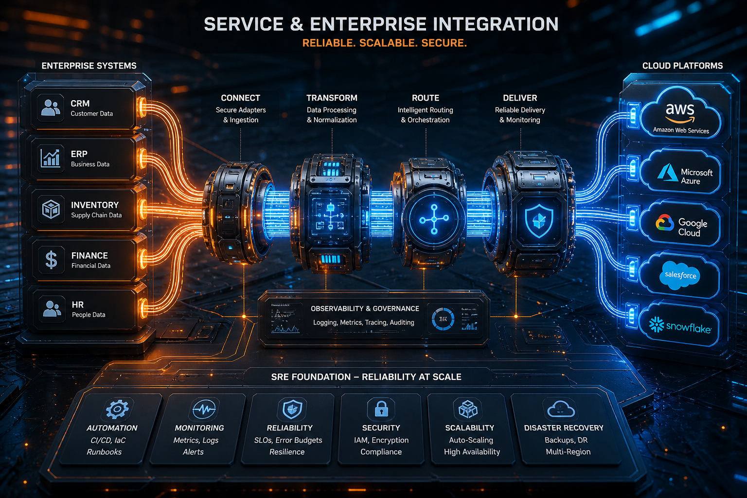 Enterprise integration hub connecting Informatica pipelines, Pega workflows, and SRE dashboards
