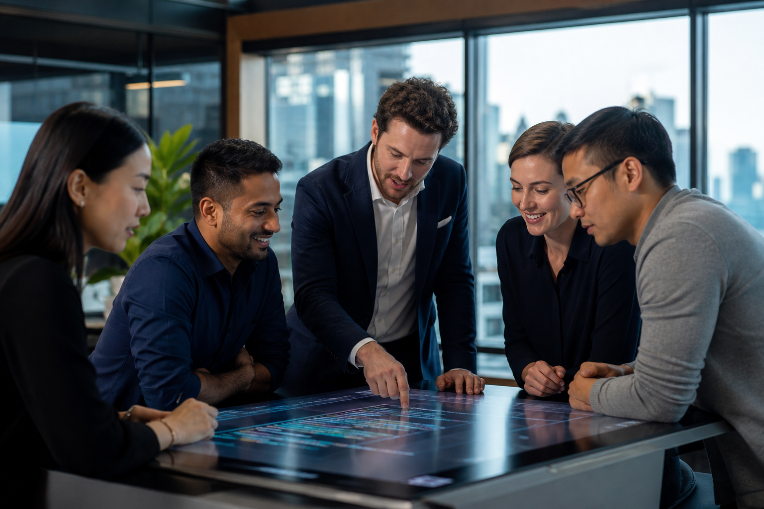 Diverse engineering squad collaborating in a modern enterprise delivery pod
