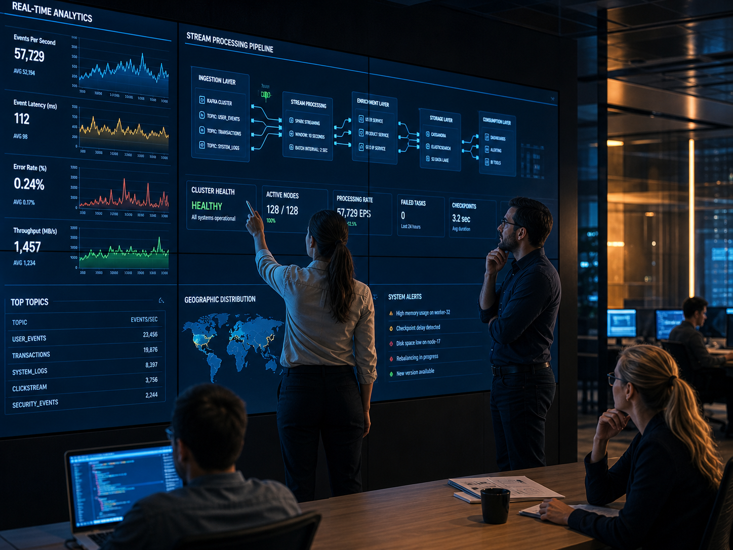 Enterprise IT team reviewing real-time analytics dashboards in a modern data operations centre